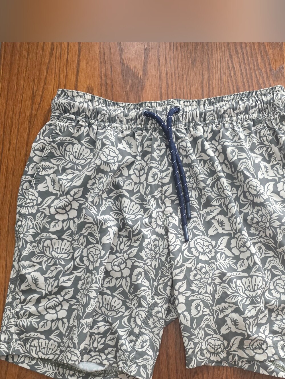 Tailor Vintage Gray Floral Swim Trunks with Navy Drawstring